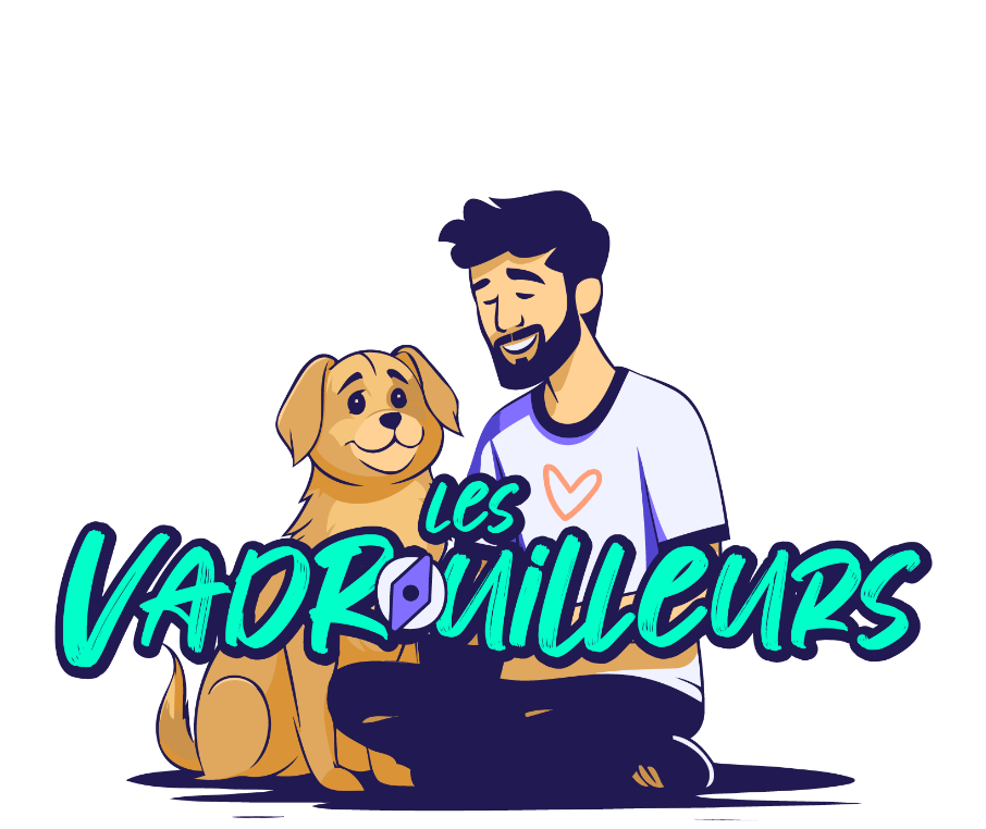 Nicolas est barbu, il porte un t-shirt et est assis à côté de son chien guide Twister